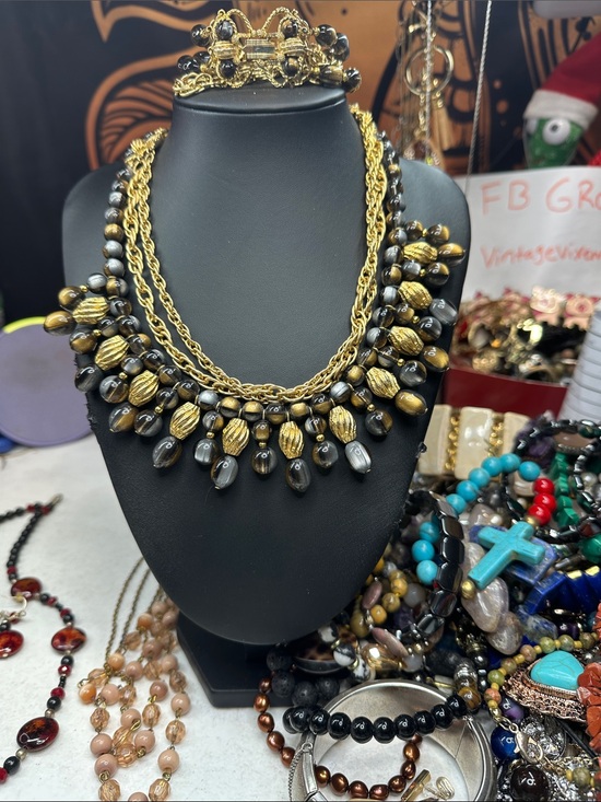Jewelry - Kramer Signed Gold and Black Beaded Statement Necklace and Matching Bracelet -